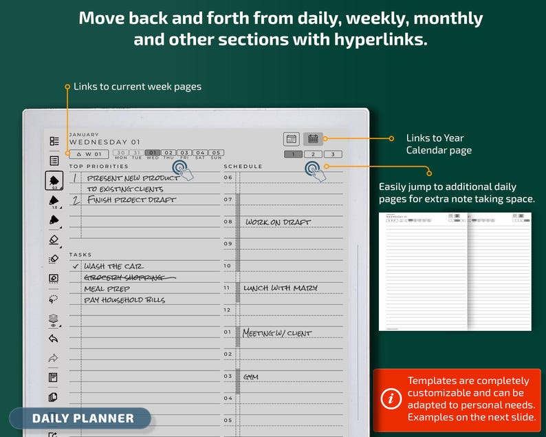 Sjablonen voor Supernote A5x-tablets, productiviteitspakket, planner, dagboek, vergaderingen, notitieboekje, projecten, pdf met hyperlink afbeelding 3