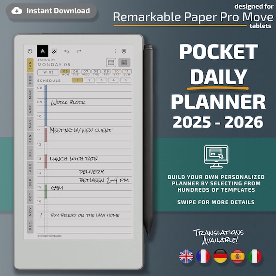 Daily Planner for Remarkable Paper Pro Move tablets, eInk templates, hyperlinked PDF, calendar, agenda