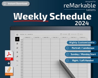 Remarkable 2 Weekly Schedule | remarkable 2 templates, 2024, monthly calendar, remarkable planner, daily notes