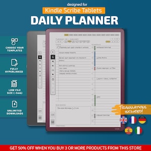 May include: A digital daily planner for Kindle Scribe tablets featuring a task list, hourly schedule, and calendar navigation. The interface includes text labels for months, days, and tasks, with icons for templates, hyperlinks, and file size information.
