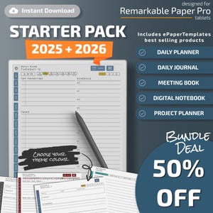 Pacchetto di modelli per tablet Remarkable Paper Pro, modelli eInk, PDF con collegamento ipertestuale, calendario, agenda