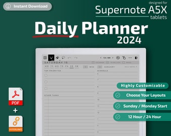 Supernote A5/A5X Daily Planner, 2023, 2024, supernote templates, calendar