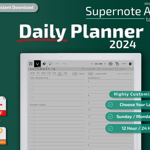 Supernote A5/A5X Daily Planner, 2023, 2024, supernote templates, calendar