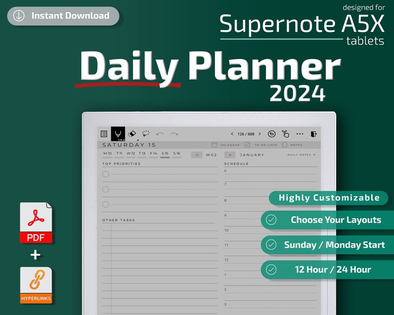 Supernote A5/A5X Daily Planner, 2023, 2024, supernote templates, calendar image 1