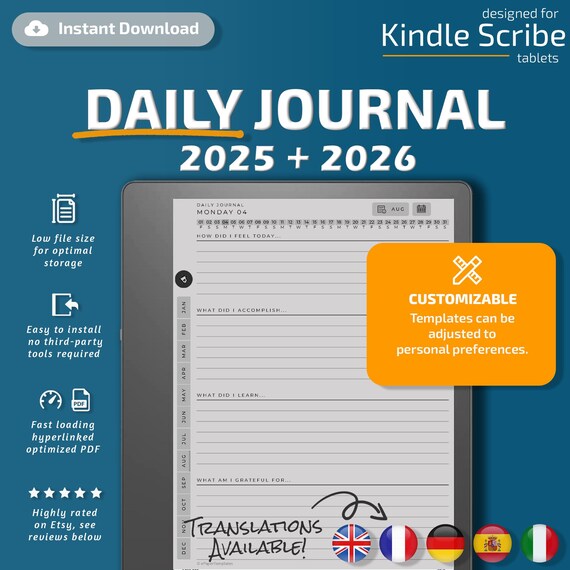 Daily Journal for Kindle Scribe tablets, eInk templates, hyperlinked PDF, calendar, agenda