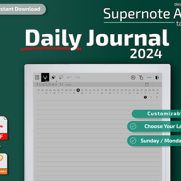 Supernote Daily Journal, 2024, supernote templates, calendar