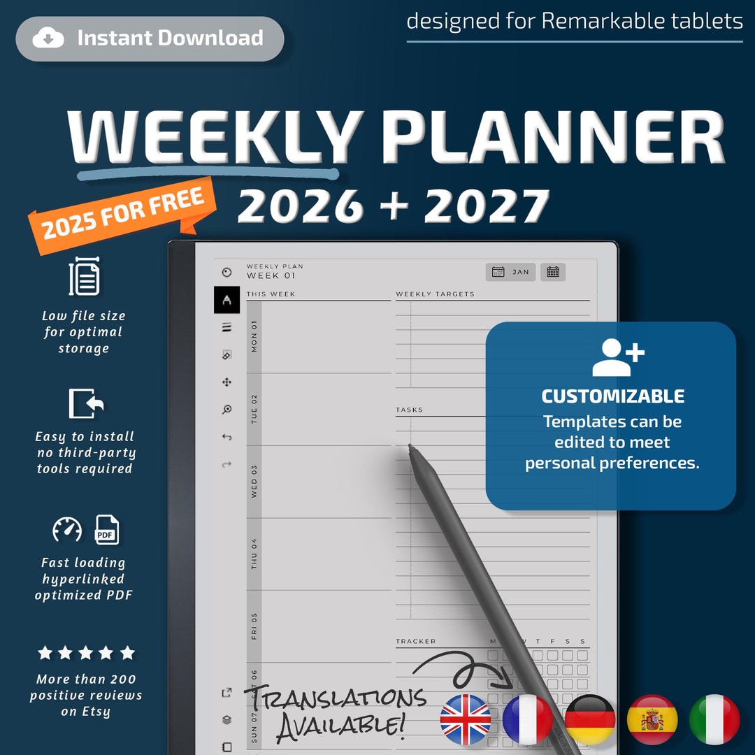 Weekly Planner for Remarkable Tablets, Eink Templates, Hyperlinked PDF ...