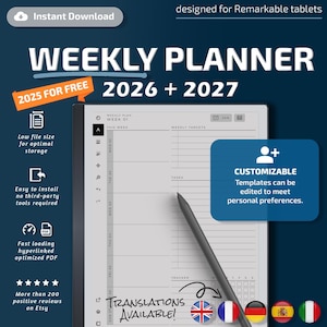 Weekly Planner for Remarkable tablets, eInk templates, hyperlinked PDF, calendar, agenda