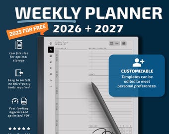 Weekly Planner for Remarkable tablets, eInk templates, hyperlinked PDF, calendar, agenda