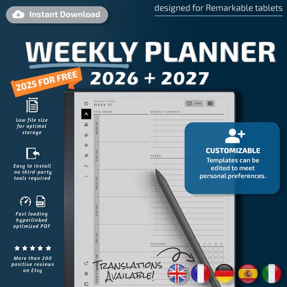 Weekly Planner for Remarkable tablets, eInk templates, hyperlinked PDF, calendar, agenda