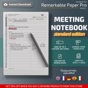 Vergadernotitieblok voor Remarkable Paper Pro-tablets, eInk-sjablonen, pdf met hyperlink, vergadernotities