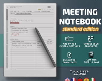 Meeting Notebook for Remarkable Paper Pro tablets, eInk templates, hyperlinked PDF, meeting notes