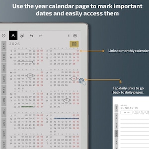 May include: A digital calendar interface displaying the year 2026. The screen shows a monthly calendar view with highlighted dates and navigation prompts. The text reads, "Use the year calendar page to mark important dates and easily access them."