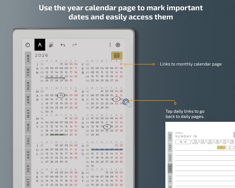 May include: A digital calendar interface displaying the year 2026. The screen shows a monthly calendar view with highlighted dates and navigation prompts. The text reads, "Use the year calendar page to mark important dates and easily access them."