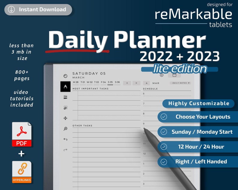 reMarkable 2 Daily Planner Lite Edition, 2022, 2023, remarkable templates, calendar 