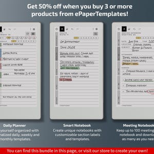 May include: Three digital notebooks with handwritten notes are displayed. The notebooks are labeled "Daily Planner", "Smart Notebook", and "Meeting Notebook". The text "Get 50% off when you buy 3 or more products from ePaperTemplates!" is at the top. The bottom text reads "You can find this bundle in this page, or visit our store to create your own!"