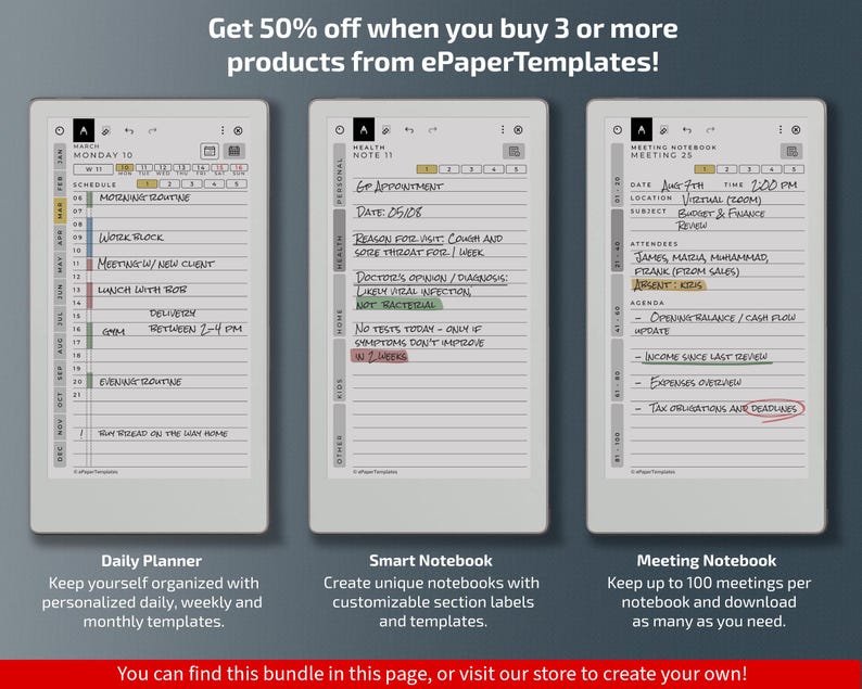 May include: Three digital notebooks with handwritten notes are displayed. The notebooks are labeled "Daily Planner", "Smart Notebook", and "Meeting Notebook". The text "Get 50% off when you buy 3 or more products from ePaperTemplates!" is at the top. The bottom text reads "You can find this bundle in this page, or visit our store to create your own!"