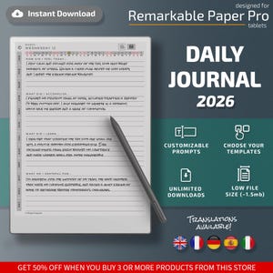 Daily Journal for Remarkable Paper Pro tablets, eInk templates, hyperlinked PDF, calendar, agenda