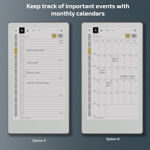 May include: Two digital calendar templates, labeled Option A and Option B, are displayed. The calendars show the month of March 2026, with handwritten notes for appointments and events. The text at the top reads, "Keep track of important events with monthly calendars."