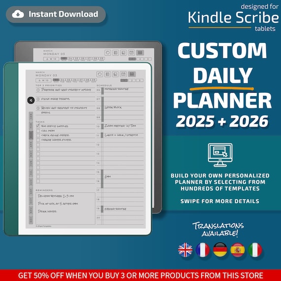 Daily Planner for Kindle Scribe tablets, eInk templates, hyperlinked PDF, calendar, agenda