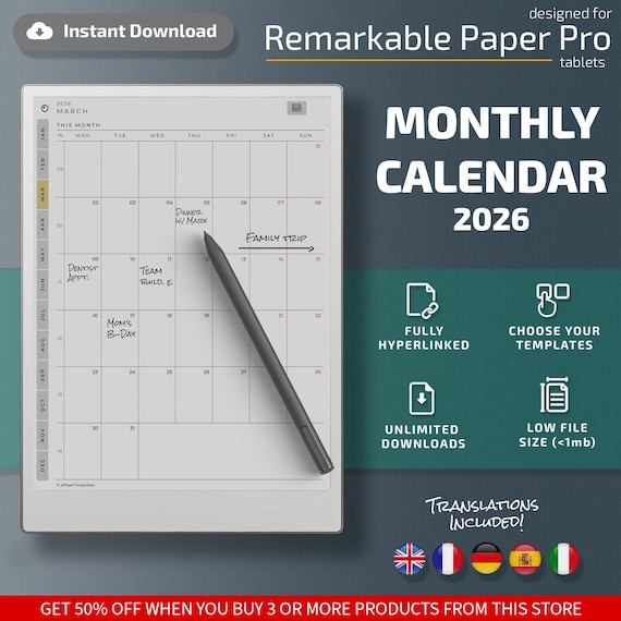 Monthly Calendar for Remarkable Paper Pro tablets, eInk templates, hyperlinked PDF, calendar, agenda