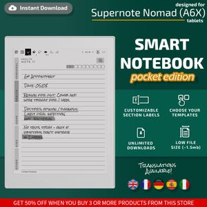Può includere: Un taccuino digitale intelligente per tablet Supernote Nomad (A6X). L'immagine mostra un tablet bianco con una pagina a righe e note manoscritte. Il testo sull'immagine include "Smart Notebook pocket edition" e "Download istantaneo."