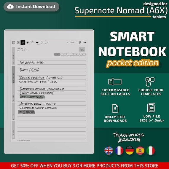Smart Notebook for Supernote Nomad (A6X) tablets, eInk templates, hyperlinked PDF, to do lists, cornell