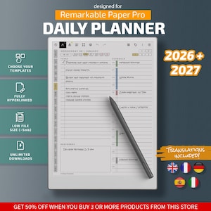 Planificador diario para tabletas Remarkable Paper Pro, plantillas de tinta electrónica, PDF con hipervínculos, calendario, agenda.