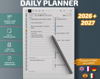 Daily Planner for Remarkable Paper Pro tablets, eInk templates, hyperlinked PDF, calendar, agenda