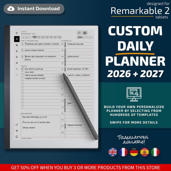 Daily Planner for Remarkable tablets, eInk templates, hyperlinked PDF, calendar, agenda