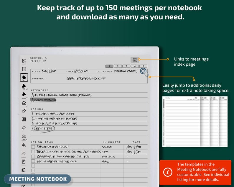 Sjablonen voor Supernote A5x-tablets, productiviteitspakket, planner, dagboek, vergaderingen, notitieboekje, projecten, pdf met hyperlink afbeelding 8
