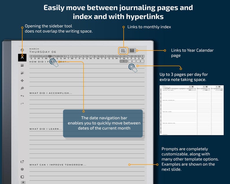 Daily Journal for Remarkable Tablets, Eink Templates, Hyperlinked PDF ...