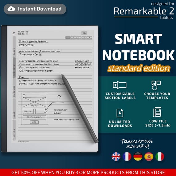 Smart Notebook for Remarkable 2 tablets, eInk templates, hyperlinked PDF, to do list, cornell