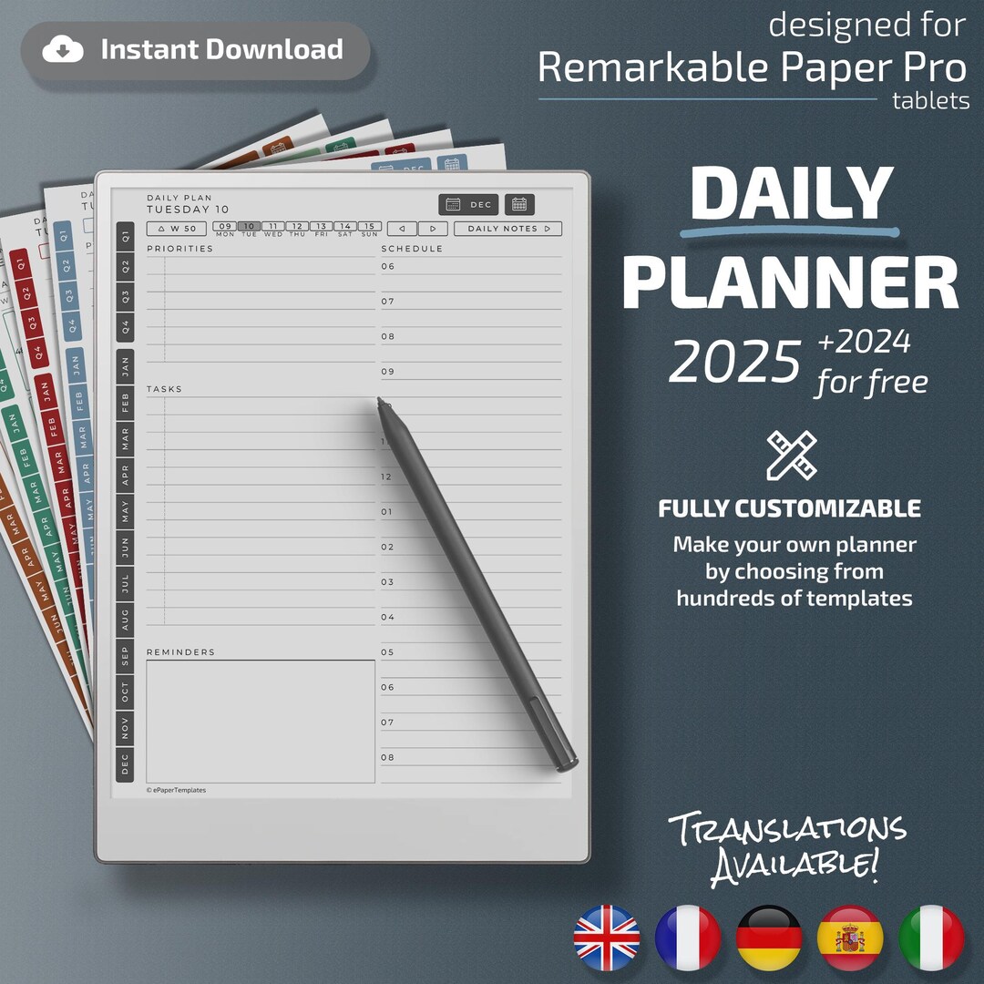 Daily Planner for Remarkable Paper Pro Tablets, Eink Templates ...