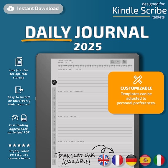Daily Journal for Kindle Scribe tablets, eInk templates, hyperlinked PDF, calendar, agenda