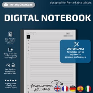 Digital Notebook for Remarkable tablets, eInk templates, hyperlinked PDF, calendar, agenda