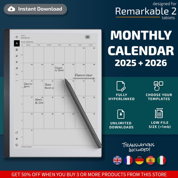 Monthly Calendar for Remarkable tablets, eInk templates, hyperlinked PDF, calendar, agenda