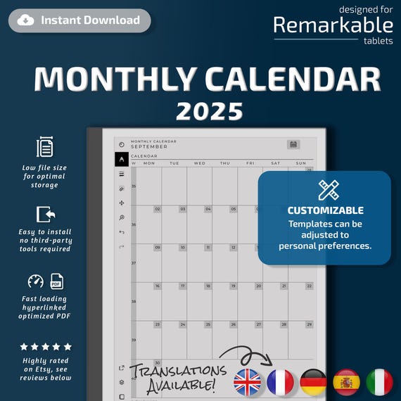 Monthly Calendar for Remarkable tablets, eInk templates, hyperlinked PDF, calendar, agenda