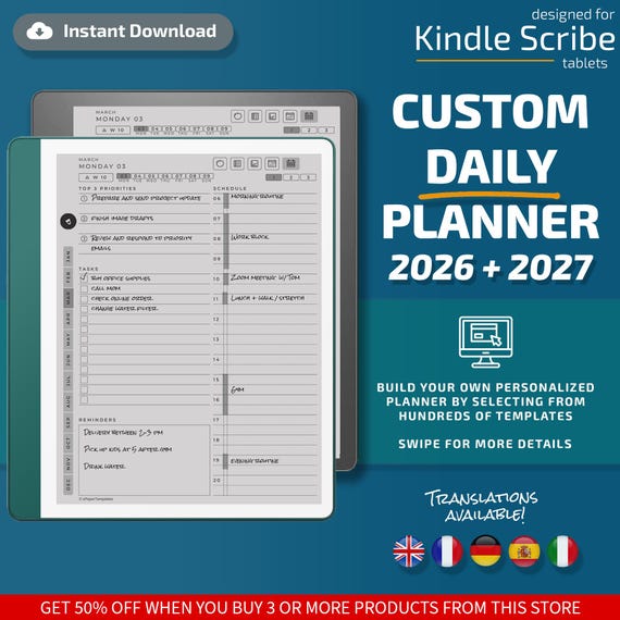 Daily Planner for Kindle Scribe tablets, eInk templates, hyperlinked PDF, calendar, agenda