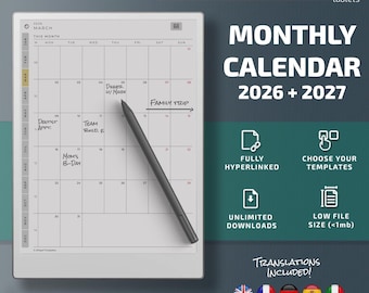 Monthly Calendar for Remarkable Paper Pro tablets, eInk templates, hyperlinked PDF, calendar, agenda