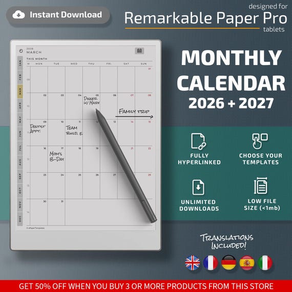 Monthly Calendar for Remarkable Paper Pro tablets, eInk templates, hyperlinked PDF, calendar, agenda