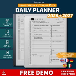 May include: A digital daily planner for Remarkable 2 and Paper Pure devices, covering 2026 and 2027. The interface features a task list, schedule, and calendar navigation. Text includes "DAILY PLANNER", "CHOOSE YOUR TEMPLATES", and "FREE DEMO".