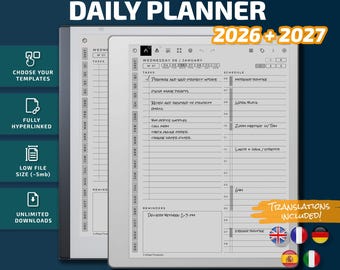Planificador diario para tabletas Remarkable, plantillas de tinta electrónica, PDF con hipervínculos, calendario, agenda.