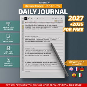 以下が含まれることがあります： Remarkable Paper Pro用のデジタルデイリージャーナルテンプレート。カレンダー、罫線付きの書き込みセクション、スタイラスペンが含まれています。インターフェースには2027年と2026年のテキスト、月ごとのナビゲーションタブ、テンプレートやハイパーリンクのアイコンが表示されています。