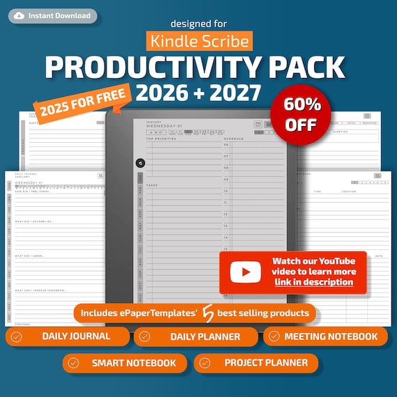 Templates for Kindle Scribe Tablets, productivity pack, planner, journal, meetings, notebook, projects, hyperlinked PDF