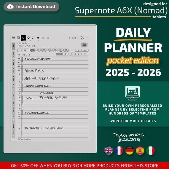 Daily Planner for Supernote Nomad (A6X) tablets, eInk templates, hyperlinked PDF, calendar, agenda