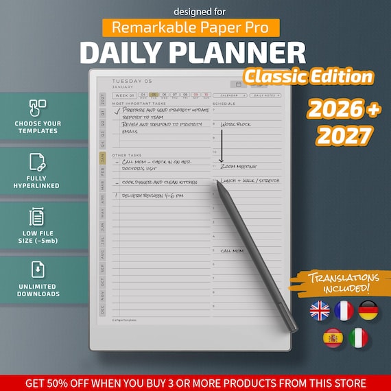 Daily Planner for Remarkable Paper Pro Classic Edition, Templates for Remarkable Paper Pro