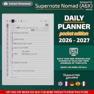 Daily Planner for Supernote Nomad (A6X) tablets, eInk templates, hyperlinked PDF, calendar, agenda