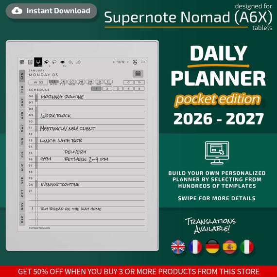 Daily Planner for Supernote Nomad (A6X) tablets, eInk templates, hyperlinked PDF, calendar, agenda