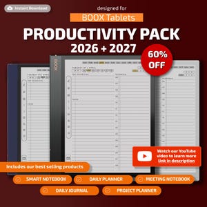 May include: Digital productivity pack for BOOX tablets, including a smart notebook, daily planner, meeting notebook, daily journal, and project planner. The image shows a 60% off promotion for the 2026 + 2027 pack. Includes a YouTube video link.